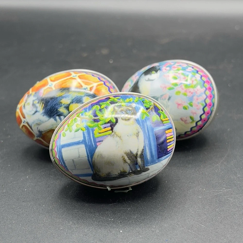 VTG Tin Metal Easter Egg‎ Container w/ Kitty Cat Design Calico Tuxedo Set of 3